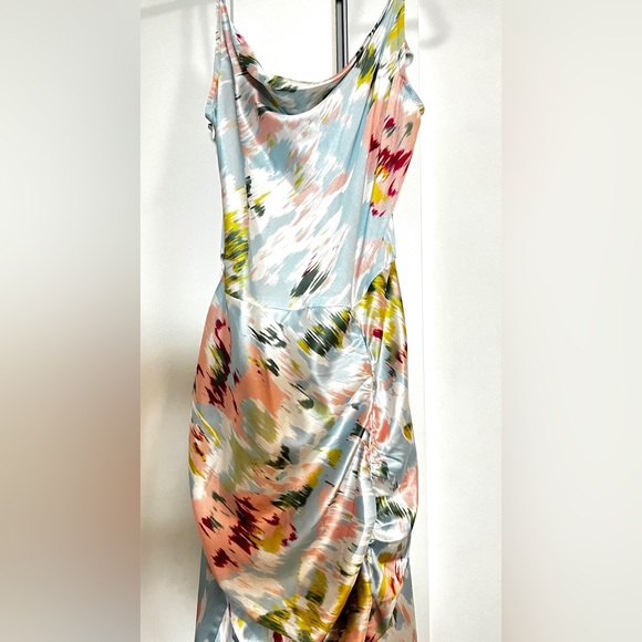 Illusion Floral Ruched Cowl Neck Midi Dress | Size XS - Picture 8 of 8